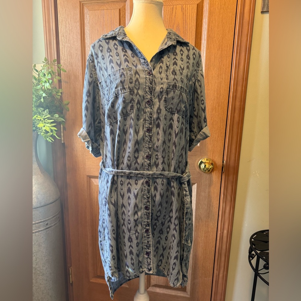 CLOTH & STONE Anthropology Blue Print Chambray Button Shirt Dress Women’s SZ M
